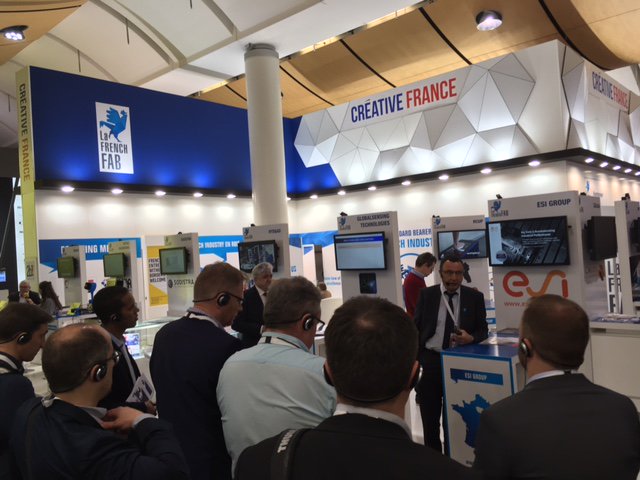 businessfrance's tweet photo. #HM18 On commence par une visite guidée du #FrenchFab Pavilion par @WengsiDuverdier et Sawsen Ayari Pouliquen de @industrie_futur qui présente aux participants les pépites de @LaFrenchFab. #InnovationDay @hannover_messe 🇫🇷 https://t.co/tDGciBLkIA