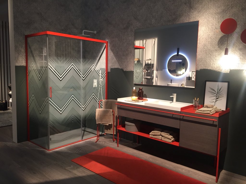Glassworks_Aust's tweet photo. Moody #bathrooms at #salonebagno mixing up hardware and wall colours, glass patterns and materials #SaloneDelMobile #DesignWeek2018 #milan https://t.co/1agw4SCuY2