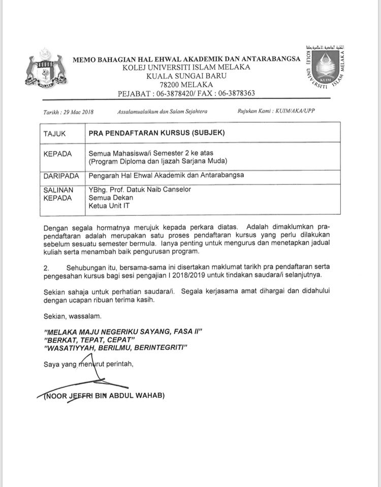 mppkuim's tweet photo. [MEMO PRA PENDAFTARAN KURSUS BAGI SEMUA MAHASISWA/I SEMESTER 2 DAN KE ATAS (Program DIPLOMA DAN IJAZAH)] https://t.co/RzcMqrIdYx