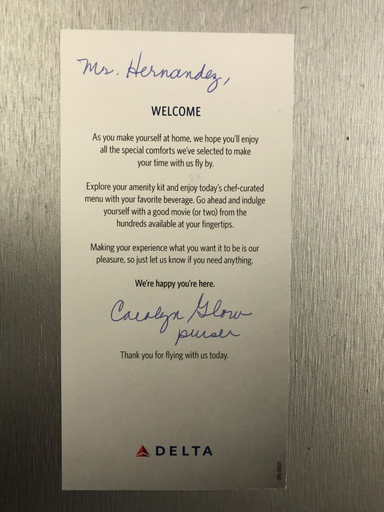 saab007's tweet photo. Nice touch from the Carolyn Glow, the purser in #DeltaOne on @Delta #DL195! #KeepClimbing #VirtualJWD ✈️👏🏽👏🏽 #DiamondMedallion #2MillionMiler #HernandezSpain2018 https://t.co/ReCSHZ7XBH