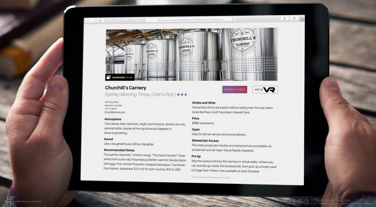 What if Sydney's hottest restaurant in 2026 was a lab grown meat "carnery"? Come explore this, and other Artifacts from the Future of Food from <a href="/IFTF/">Institute For The Future</a>, this Thursday 26 April in Sydney, AUS <a href="/CicadaInnov/">Cicada Innovations</a> <a href="/_growlab/">Cicada GrowLab</a> RSVP now! futurefoodsydney.eventbrite.com