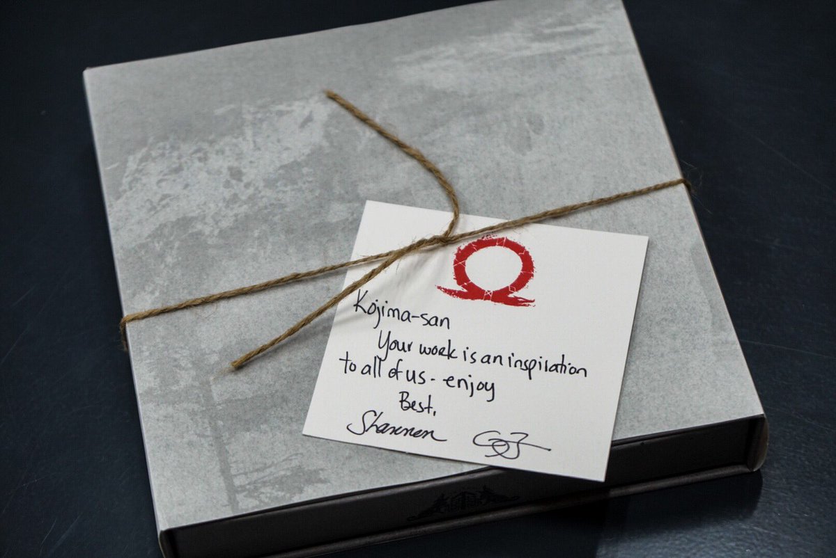 HIDEO_KOJIMA_EN's tweet photo. Received the special package of "GOD OF WAR" from @corybarlog the creative director and Shannon Studstill, the studio head of Sony Santa Monica. Thank you very much. https://t.co/VuVbdRNjCw