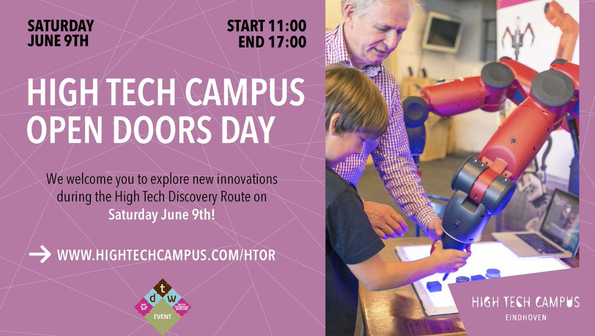 Met <a href="/Brainport_Ind/">Brainport Industries</a> zijn we onderdeel van <a href="/hightechcampus/">High Tech Campus</a> #ontdekkingsroute tijdens de @DTW2018. Kom techniek ontdekken op 9 juni bij TMC met <a href="/TechPlaygrounds/">Tech Playgrounds</a> <a href="/KMWEprecision/">KMWE Group</a> @NTSGroup_comm @Rexrothnl <a href="/ERIKSbv/">ERIKS Nederland</a> <a href="/SMCPneumaticsNL/">SMC Nederland</a> <a href="/TSGgroup/">TSG Group</a> <a href="/lenze_benelux/">Lenze Benelux</a> <a href="/VDL_Groep/">VDL Groep</a> #Tegema