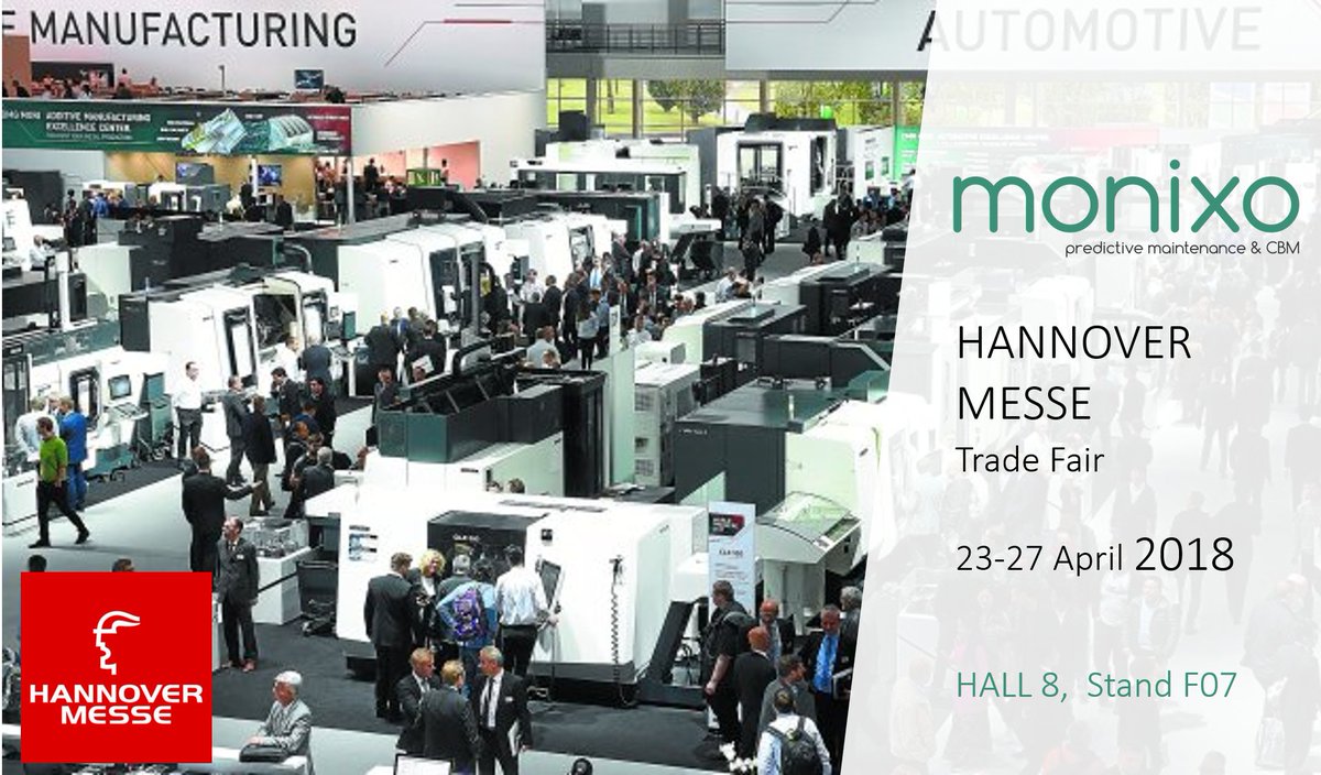 MonixoSAS's tweet photo. Monixo is at Hannover Messe 2018. Meet us at Stand F07 in Hall 8! #HM18 #PredictiveMaintenance #IIoT https://t.co/vZEvMt7MJr