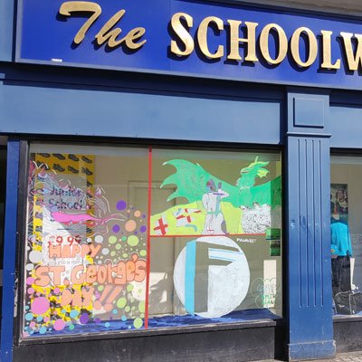 Fullhurst's tweet image. Year 9 Business Studies students worked incredibly hard, despite the heat, on Friday to transform The Schoolwear Centre Leicester window display for #StGeorgesDay @SWS_Uniform  A fantastic eye-catching design! Well done all!