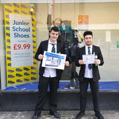 Fullhurst's tweet image. Year 9 Business Studies students worked incredibly hard, despite the heat, on Friday to transform The Schoolwear Centre Leicester window display for #StGeorgesDay @SWS_Uniform  A fantastic eye-catching design! Well done all!