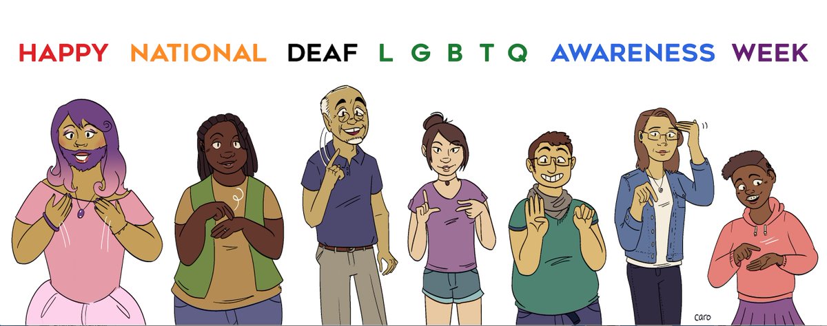 We're madly in love with this cartoon illustration from Carlisle Robinson who created this for #DeafLGBTQWeek! Carlisle is Deaf and Trans. Follow them over at <a href="/carodoodles/">carlisle 🧏🏻🏳️‍🌈🎨</a>.