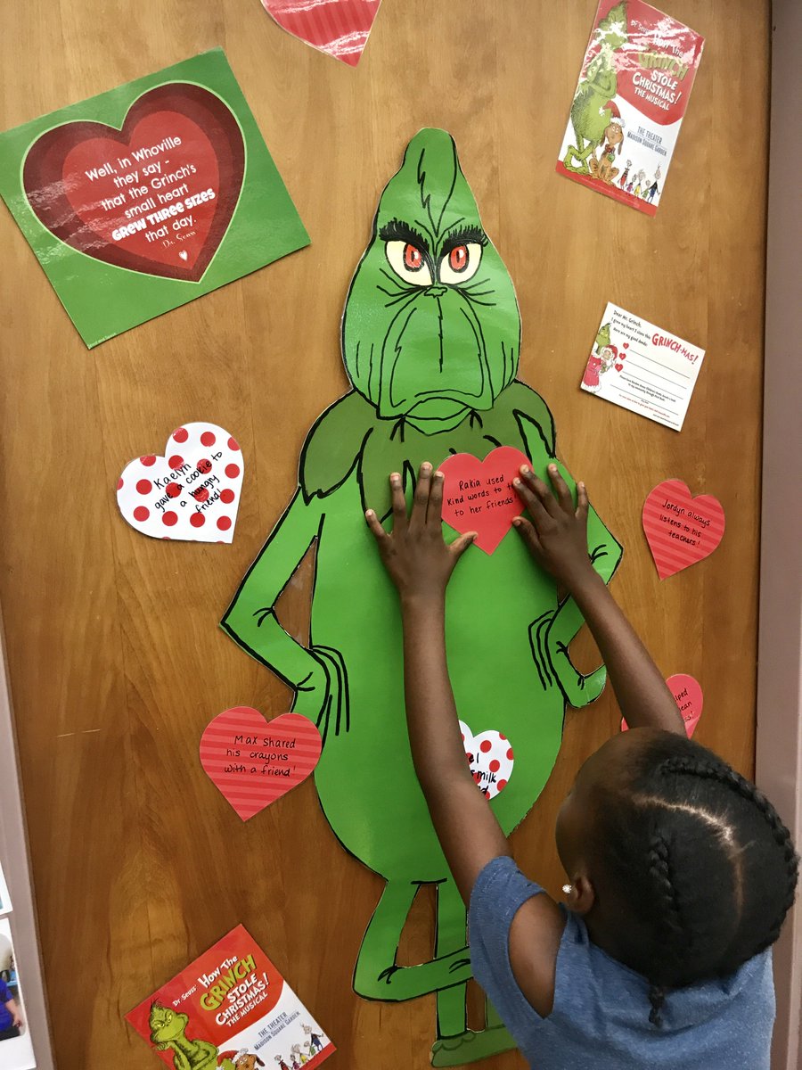 PaigeLemily's tweet photo. "Well, in Whoville they say that the Grinch's small heart grew three sizes that day." Ms. Lemily's kindergarten students look for good behavior to fill the Grinch with love!  When the class fills the Grinch with hearts, a class celebration is earned! @MCPSWellnessPE #iamaFANege https://t.co/we71YdExdS