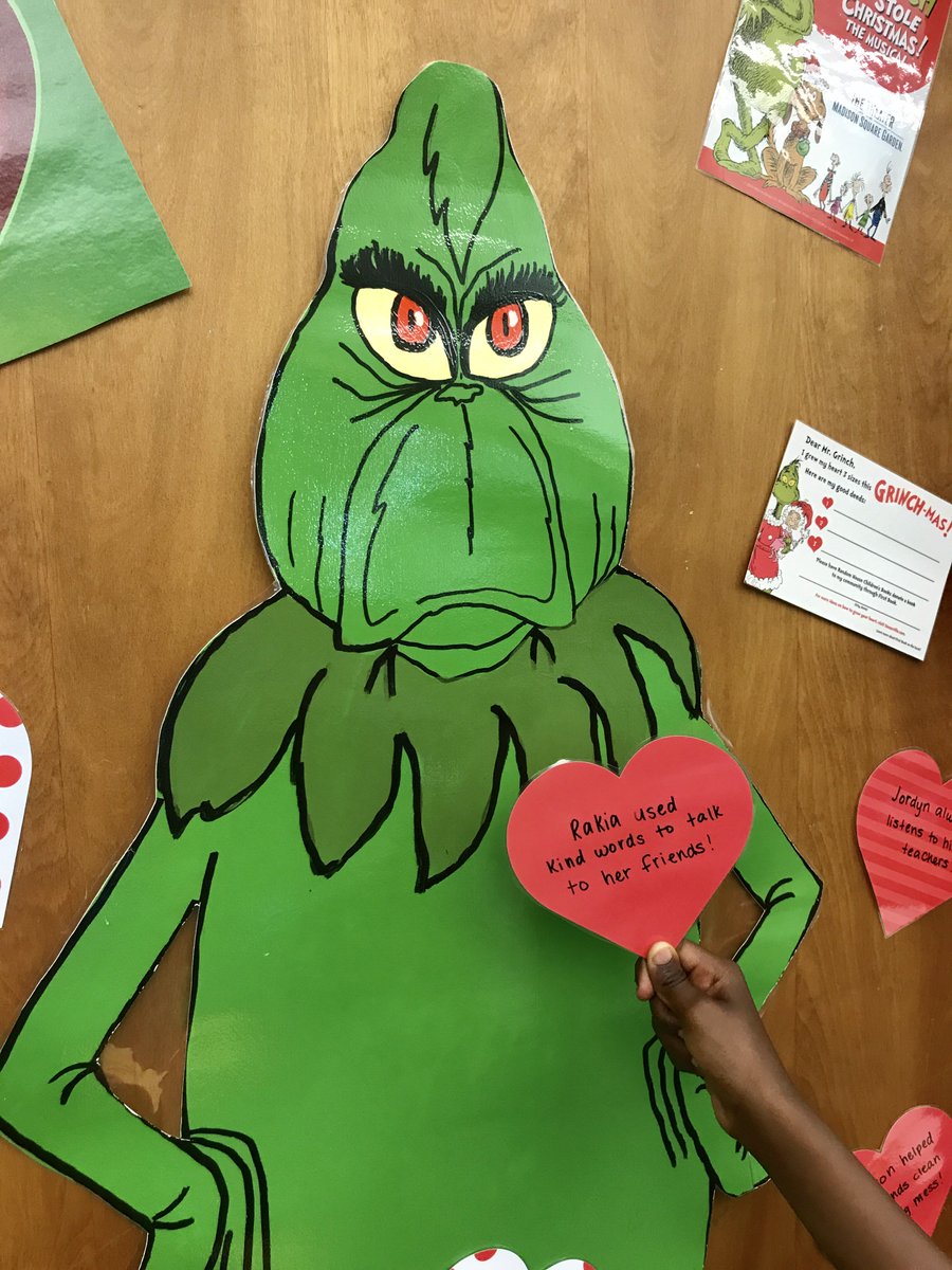 PaigeLemily's tweet photo. "Well, in Whoville they say that the Grinch's small heart grew three sizes that day." Ms. Lemily's kindergarten students look for good behavior to fill the Grinch with love!  When the class fills the Grinch with hearts, a class celebration is earned! @MCPSWellnessPE #iamaFANege https://t.co/we71YdExdS