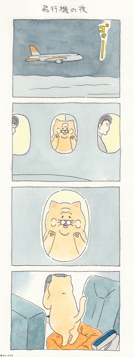 4コマ漫画ネコノヒー「飛行機の夜」/Night of the airplane　https://t.co/X4HEA1kvYR　　　4月27日単行本「ネコノヒー2」発売→ 