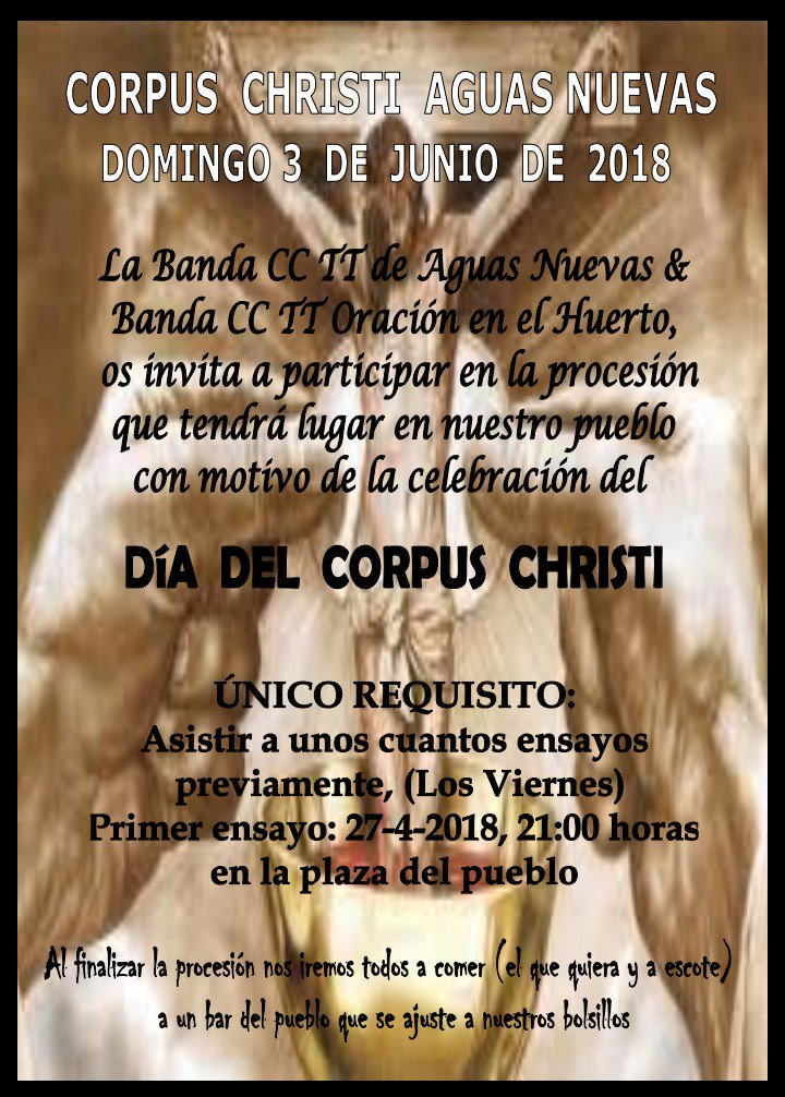 CORPUS CHRISTI AGUAS NUEVAS DOMINGO 3 DE JUNIO DE 2018. Más información👇. ¡¡¡¡Os esperamos!!!! #CCTTAGUASNUEVAS #GANASEILUSIÓN