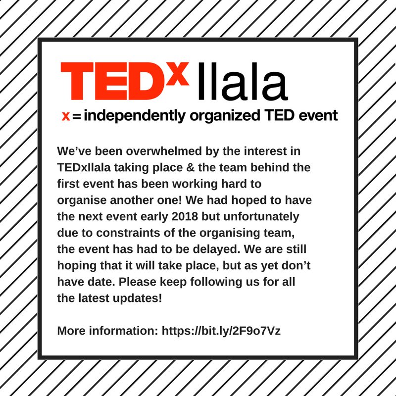 TEDxIlala's tweet photo. We’ve been overwhelmed by the interest in another @TEDxIlala &amp; the team behind the first event has been working hard to organise the next one! Unfortunately it has had to be delayed but please keep following us for latest updates! 

More information: https://t.co/ylln41uxxV https://t.co/FSvOlnwUKe