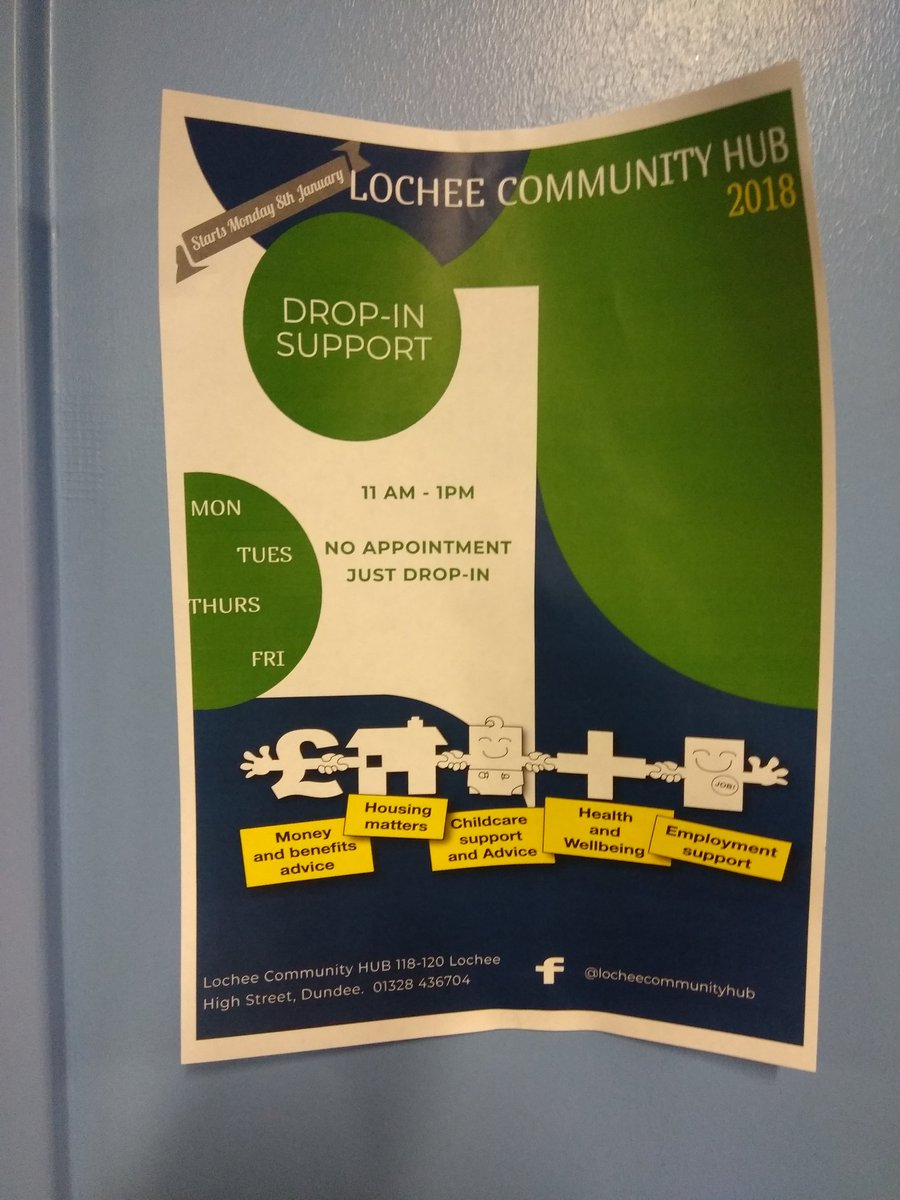 DundeeEmploy's tweet photo. There is a daily drop in @LocheeHub 11am - 1pm Mon to Fri. Help available for health/well-being, housing, employment support, money/benefits/universal credit, childcare advice. No appointment necessary #esif https://t.co/VYmeOHaG3U