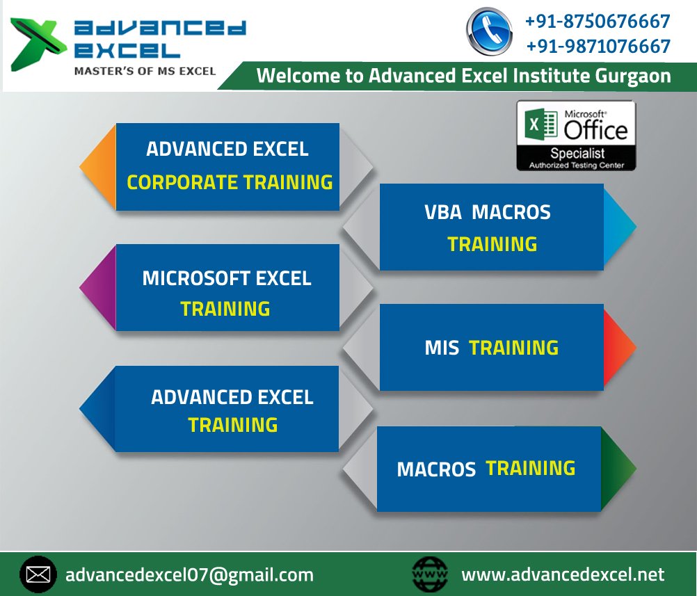 Advancedexcel07's tweet image. @Advancedexcel07 Training in Gurgaon - Advanced Excel Training Institute provides #MicrosoftAdvancedExcel, #VBAMacros and #MISTraining with real time projects. For demo class or any inquiry call us at +91 9871076667. #ExcelTrainingGurgaon advancedexcel.net