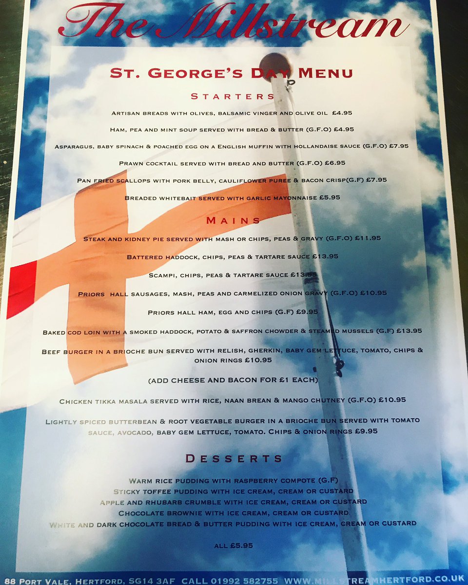 The_millstream's tweet photo. 🇬🇪happy St. George's day from everyone @The_millstream why not join us this afternoon for afternoon tea and a special St. George's day menu 🇬🇪 https://t.co/lxSuOJ58wM