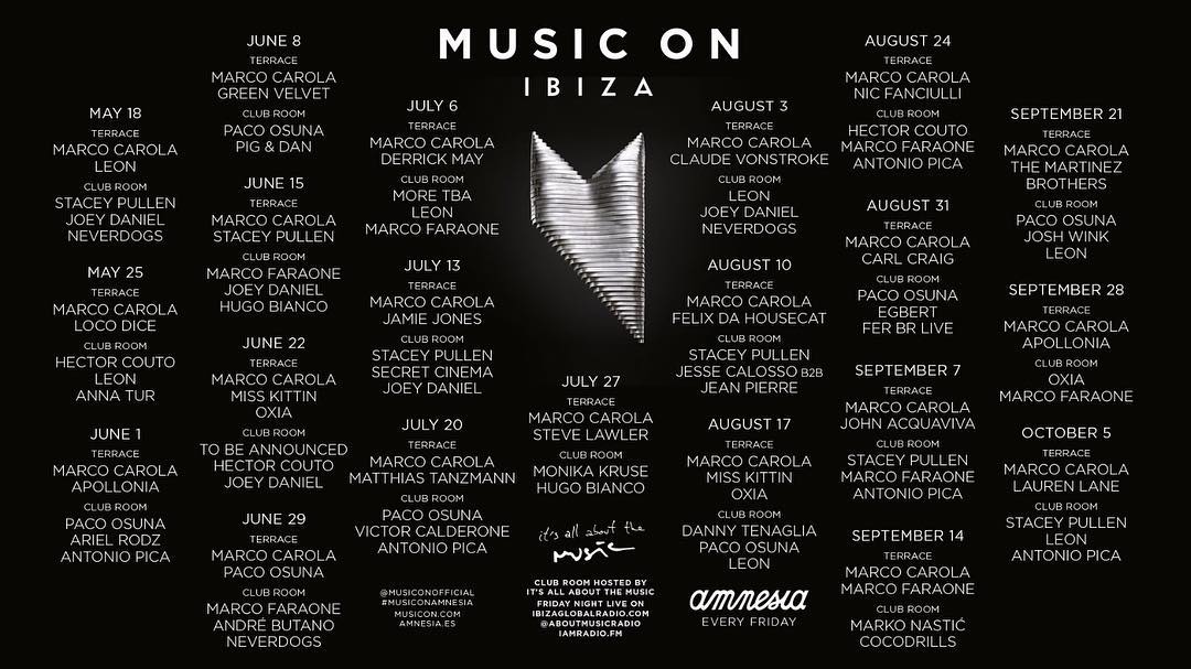 This summer with @MusicOnOfficial @Amnesia_Ibiza @aboutmusicradio ft @marcocarola @GreenVelvet_ @Paco_Osuna @LocoDiceOFC @ApolloniaMusic @JamieJonesMusic @MonikaKruse @VonStroke @nicfanciulli @DJSteveLawler @themartinezbros & many more 🖤👌