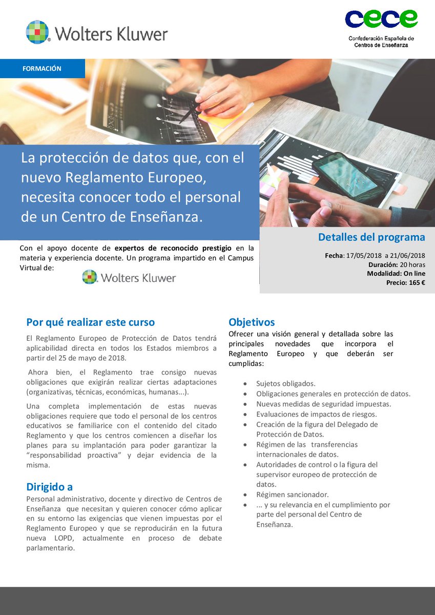 CECEducacion's tweet photo. CECE, en colaboración con Wolters Kluwer, empresa líder en formación y software, lanza un curso especialmente diseñado para centros educativos. La protección de datos que, con el nuevo #RGPD, necesitan conocer todo los empleados de un centro de enseñanza https://t.co/wUijC3YZGg https://t.co/Vt70LNQKtO