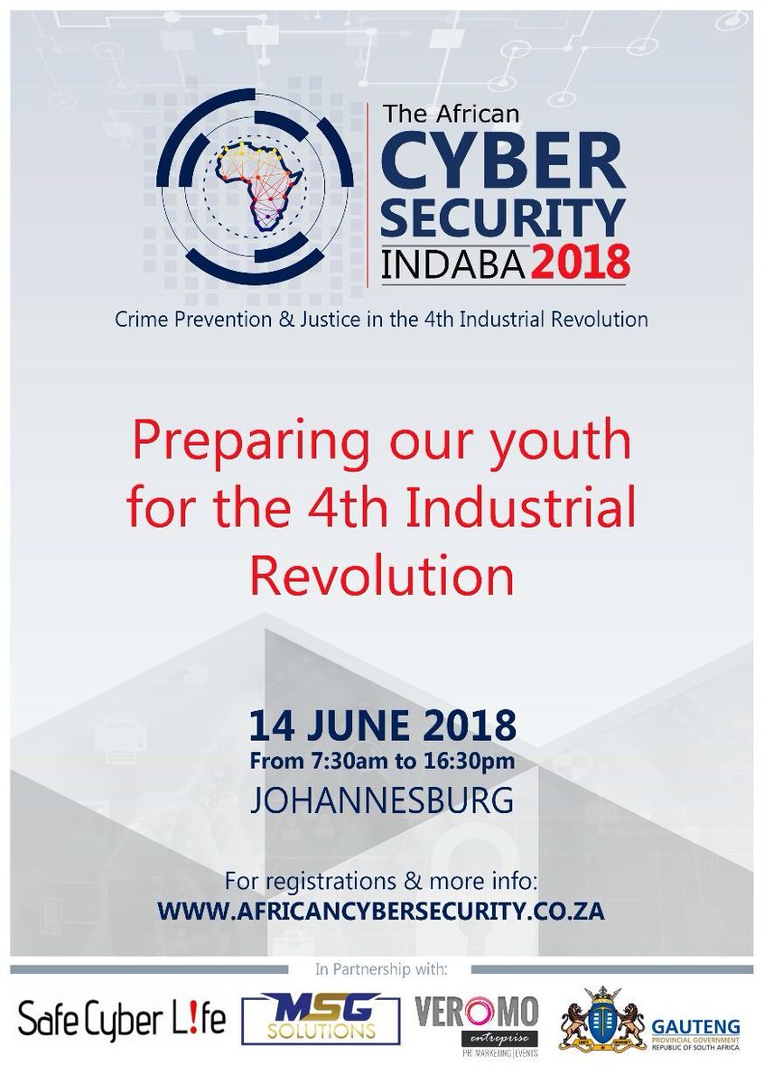 NdzaviDerrick's tweet photo. THE AFRICAN CYBER SECURITY INDABA 2018
Theme: Crime Prevention and Justice in the 4th Industrial Revolution
REGISTER @ https://t.co/fUeBRwD6IQ
#4IR #Safecyberlife https://t.co/T1cQq7v1RS