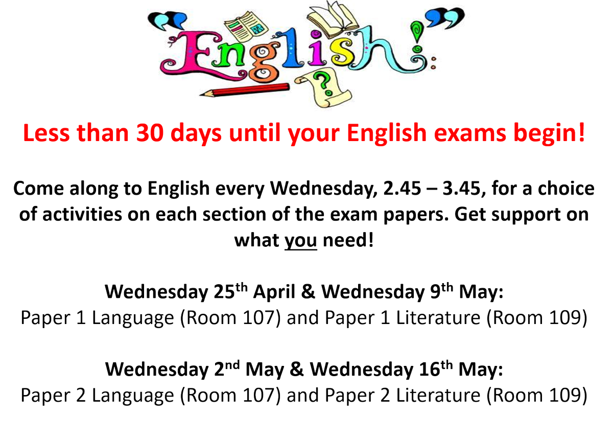 WMount's tweet photo. ***YEAR 11*** Less than 30 days until your English Exam... so here is a reminder of the Achieve Programme available to you EVERY Wednesday - a choice of activities on each section for you to choose from!! #English #AchieveProgramme #30daystogo #GCSEs #BePrepared https://t.co/7t0Bntrqe6