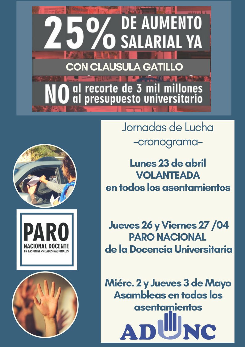 chechealumine's tweet photo. #Neuquen #ADUNC inicia la Semana con una volanteada en la UNCo pidiendo un 25% de Aumento. Además rechazan un recorte de 3000 millones al presupuesto universitario. Hoy y mañana paro nacional de 48 hs. https://t.co/mnOv1ZT8AL