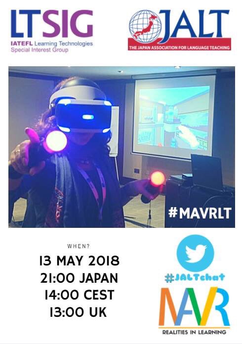 JALTMAVRSIG's tweet photo. 💫#MAVR &amp; #ELT. A match made in Heaven?💫 
-What is MAVR &amp; what has it got to do w L teaching?
-#AR, #VR, &amp; #MR: How r they different? 
-How can we use MAVR to teach Ls?
-What r ur MAVR recommended apps/devices?
Please join us &amp; RT!
#MAVRLT #LTSIG #JALTchat with @iatefl_ltsig https://t.co/WjLjdPUIW3