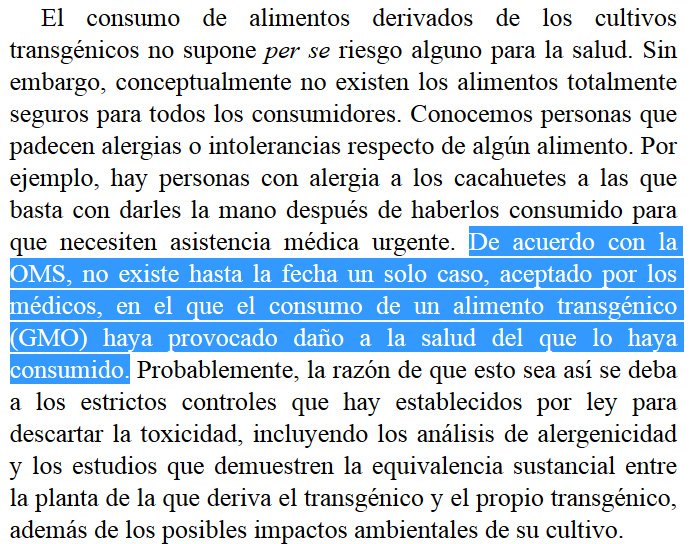 ¿Sabías que, según la OMS, no existe hasta la fecha un solo caso, aceptado por los médicos, en el que el consumo de un alimento transgénico (GMO) haya provocado daño a la salud del que lo haya consumido? (Cultivos transgénicos, de J.P.Beltrán). #DiaDelLibro #SantJordi #LeeCiencia