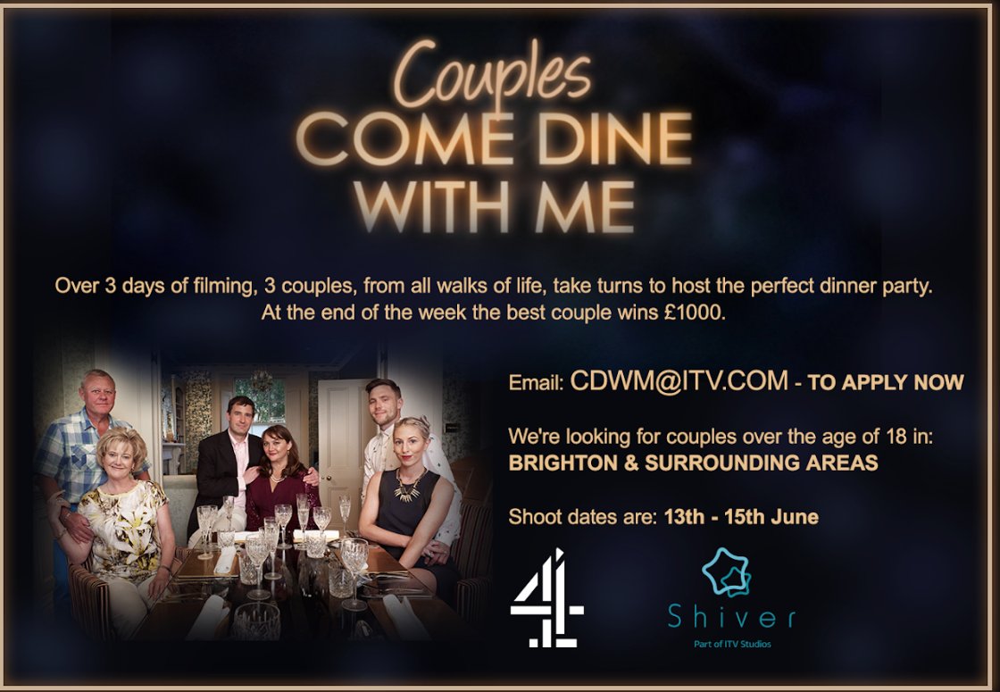 AJ_TVCasting's tweet photo. LISTEN UP BRIGHTONIANS- COUPLES COME DINE WITH ME IS LOOKING FOR COUPLES IN THE  BRIGHTON AREA ( OR WITHIN 1 HOUR OF BRIGHTON) TO APPLY FOR AN UPCOMING SHOW! FANCY 3 DINNER PARTIES? FANCY MAKING NEW FRIENDS? APPLY NOW. https://t.co/EAlMnBxS4e