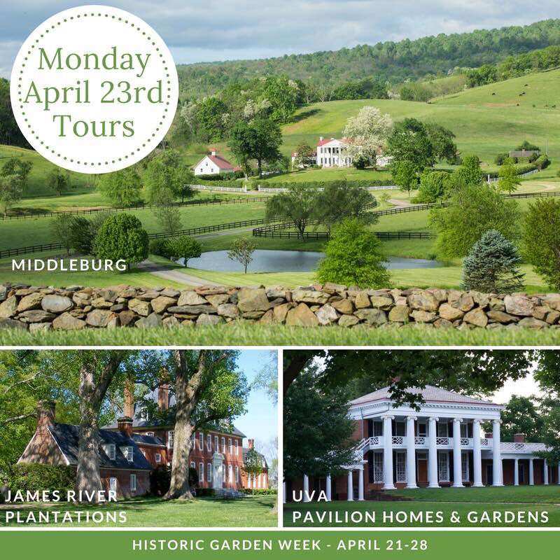 Monday is day 3 of Historic Garden Week and there are three great tours.  
James River Plantations, Middleburg, and UVA Pavilion Homes &amp; Gardens in Albemarle County-Charlottesville.
Go to vagardenwerk.org for details. 
#hgw18 #hgw2018