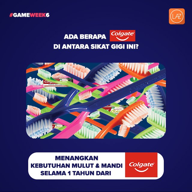 LazadaID's tweet photo. Mau dapetin hadiah stok Colgate selama 1 tahun*?? Coba tebak ada berapa Colgate yang ada di antara sikat gigi ini! 

#LazadaID #LZDGameWeek https://t.co/sSIR6kd9wJ