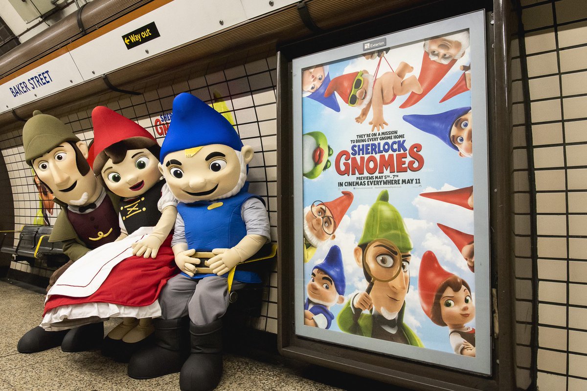 ExterionMediaUK's tweet photo. Baker Street #Tube station had been taken over by gnomes to celebrate the forthcoming release of the new #SherlockGnomes film (previewing in cinemas on 5-7 May, opening nationwide on 11 May)! #ExterionLive #experiential #OOH #CreativeSolutions https://t.co/SPeYI9f4dn
