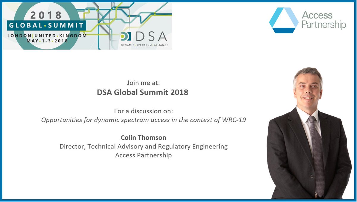 AccessAlerts's tweet image. One week to go until @DynamicSpectrum Global Summit on 1-3 May in London! Discuss #DynamicSpectrum, #5G and #IoT with Access Partnership, Google, Facebook and more! Use code access@dsa2018 upon registration for 10% off. dynamicspectrumalliance.org/global-summit/ #DSA18GS