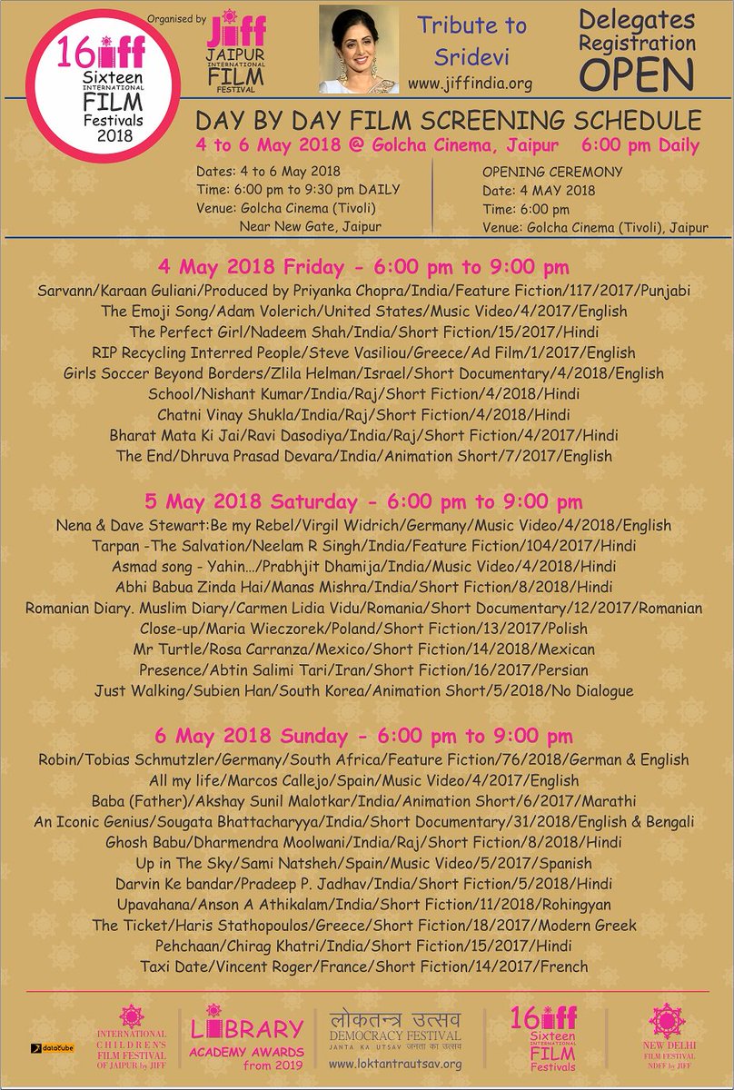 JIFFJaipur's tweet photo. DAY BY DAY FILM SCREENING SCHEDULE 
WELCOME YOU at Sixteen International Film Festivals by JIFF 
#film #festival #jaipur #india #film_festival #JIFF #16IFF https://t.co/HsVr0c3aXQ