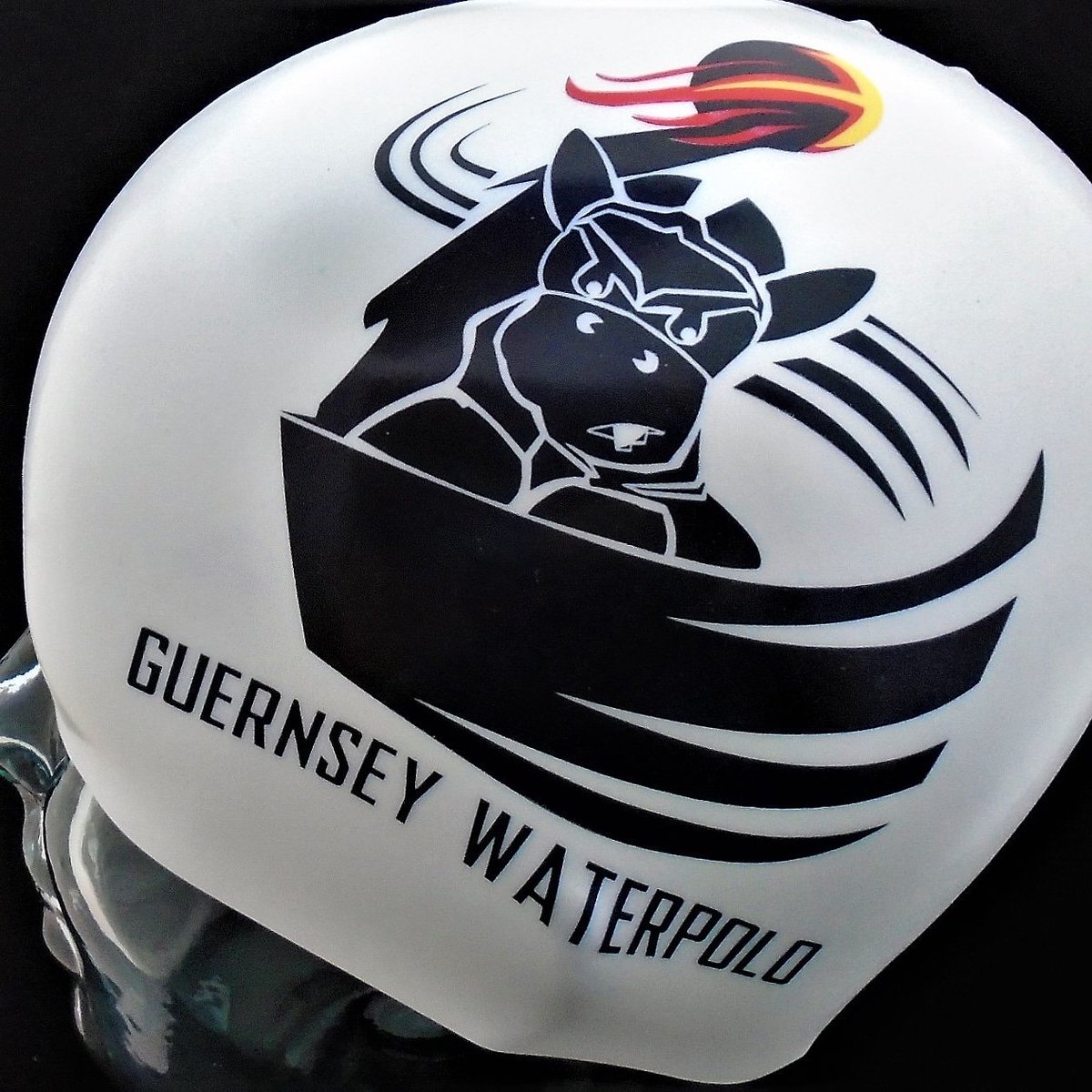 Guernsey Waterpolo swim caps - angry donkey! #Swimmimg #swimcaps #Guernsey