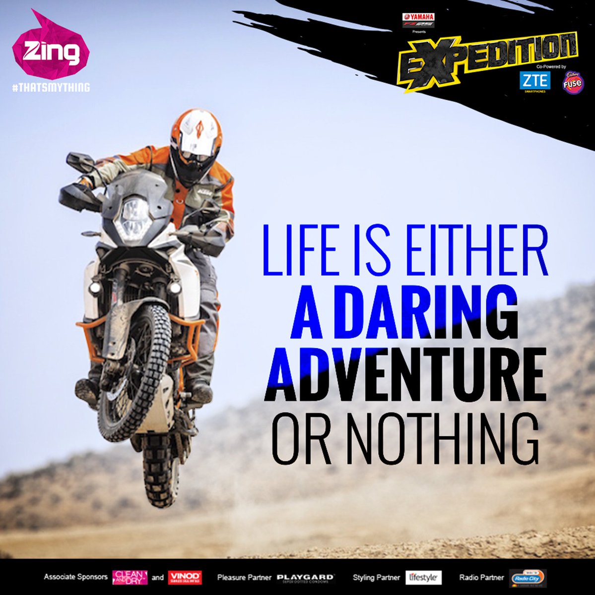 zingtv's tweet photo. Accelerate, thump and start this adventurous journey, #Expedition begins 29th April. @India_Yamaha @ZTEIndiaSocial @CadburyFuse #Lifestyle @PlaygardCondoms @RadioCity #Beanstring #CleanandDry https://t.co/La5mO6T7dr