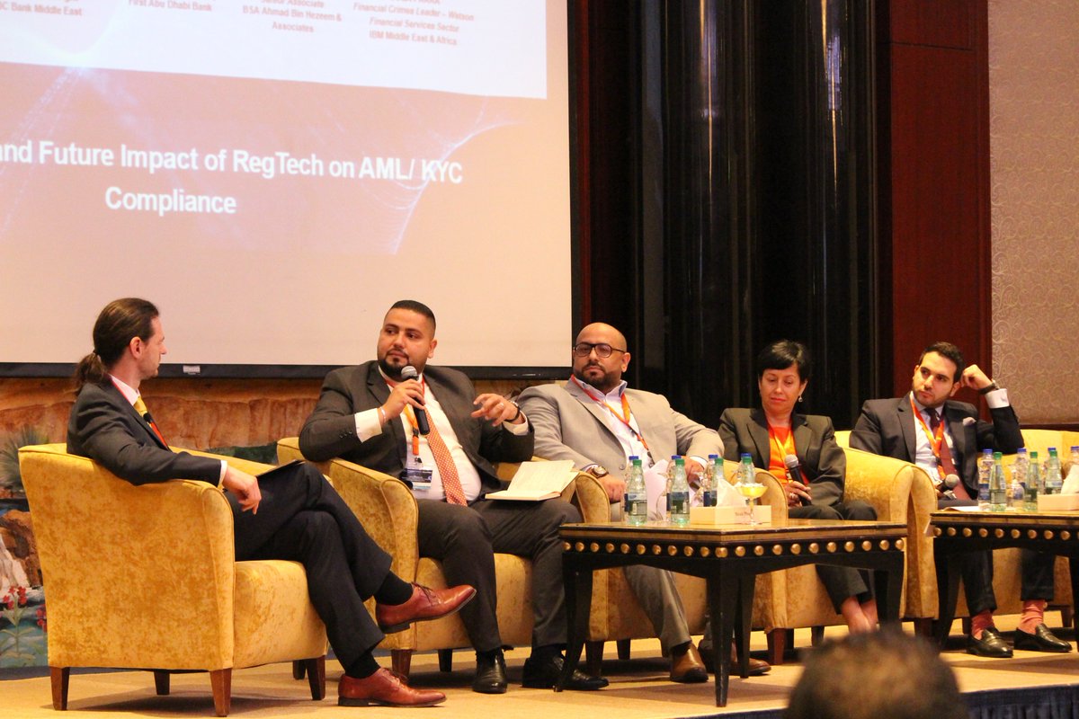 The second panel discussion in the 3rd #RegTech #MENA Conference - The Present and Future Impact of RegTech on #AML/#KYC Compliance led by Tom Van Aardt of <a href="/AccuityTweets/">Accuity</a> with the panelists from First Abu Dhabi Bank, HSBC Middle East, IBM and BSA Ahmad Bin Hezeem &amp; Associates.