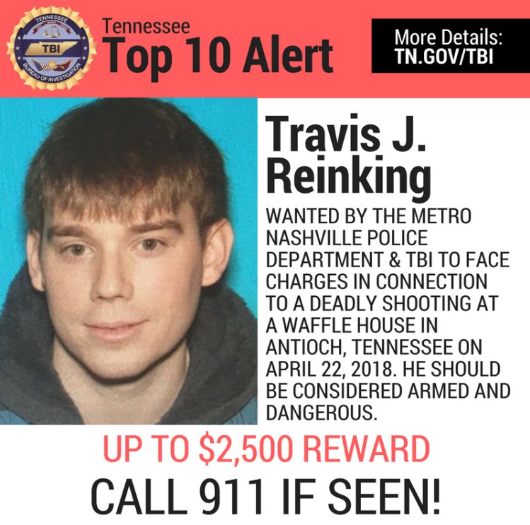 Knoxville_PD's tweet photo. The search is still very active for Nashville murder suspect Travis Reinking. Please keep an eye out for him, but do not approach, call 911 immediately if observed. A $2,500 reward is being offered for his capture. https://t.co/KKdu1hFBFd