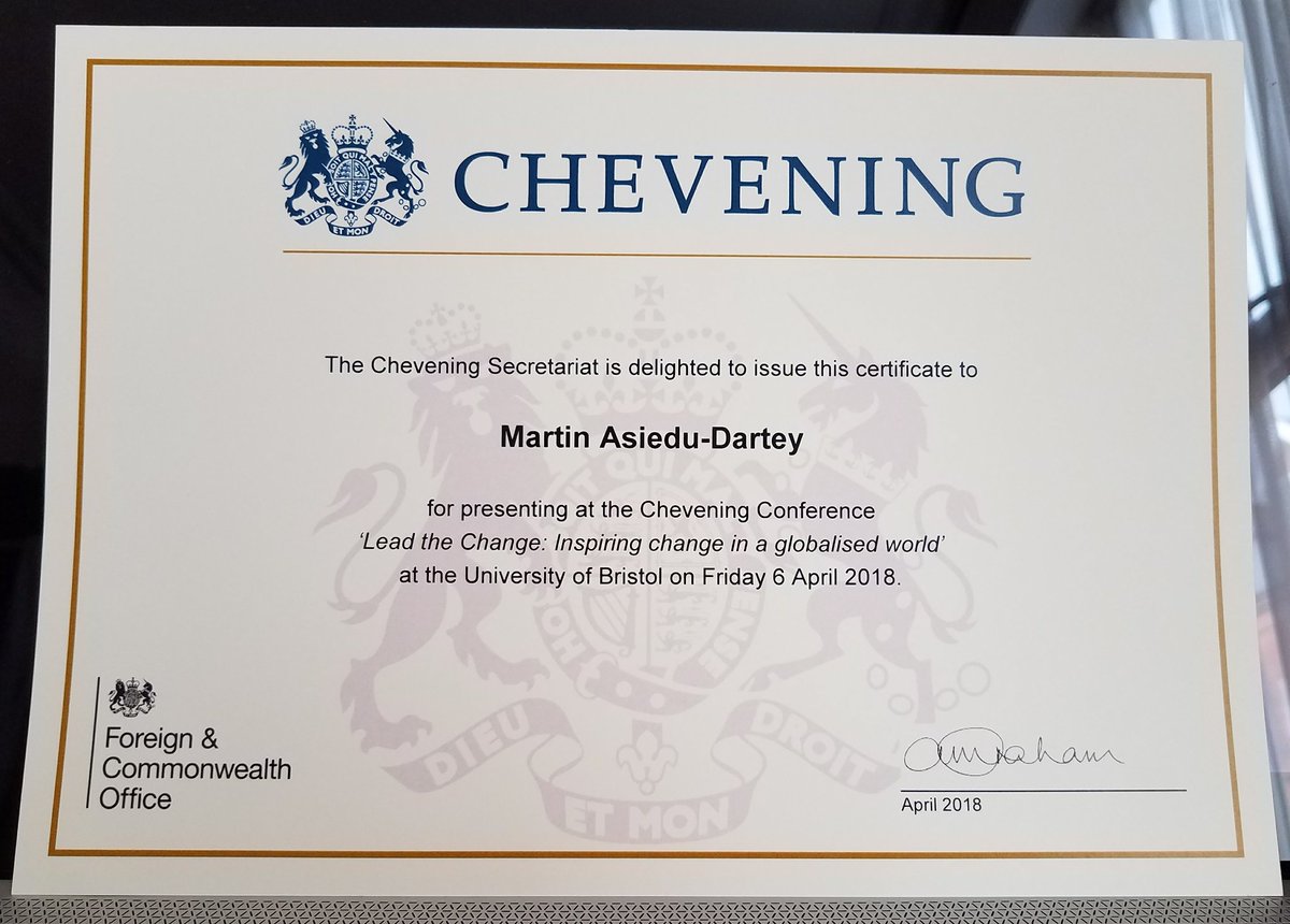 NewsyMartin's tweet photo. Very honoured to be awarded a certificate by @cheveningfco for my presentation on #FakeNews at the #CheveningConference18. This coincides with my birthday and I'm having the perfect day. 
#CheveningSMA 
#IAmChevening 
@BBCNews 
@BBCAfrica 
@UKinGhana 
#Ghana https://t.co/leIC3cdLE0