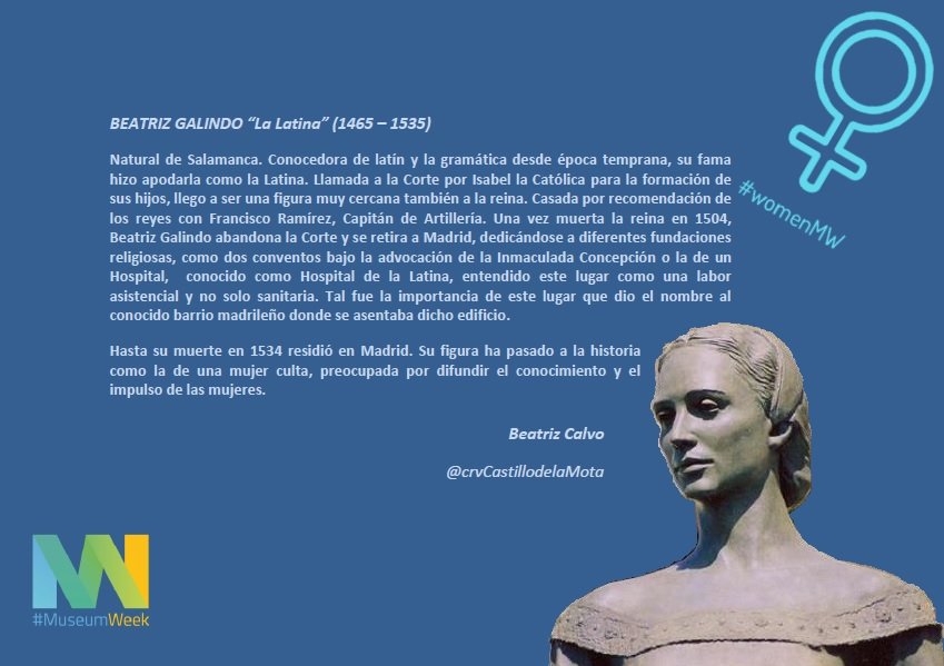 crvCastilloMota's tweet photo. Hoy en #WomenMW #MuseumWeek nuestra compañera @tribezavolca nos destaca a una de las mujeres más influyentes en la #educacion y la #cultura en la época de esplendor del #CastillodelaMota  #MedinadelCampo #BeatrizGalindo #LaLatina https://t.co/qz4OMa6yBi