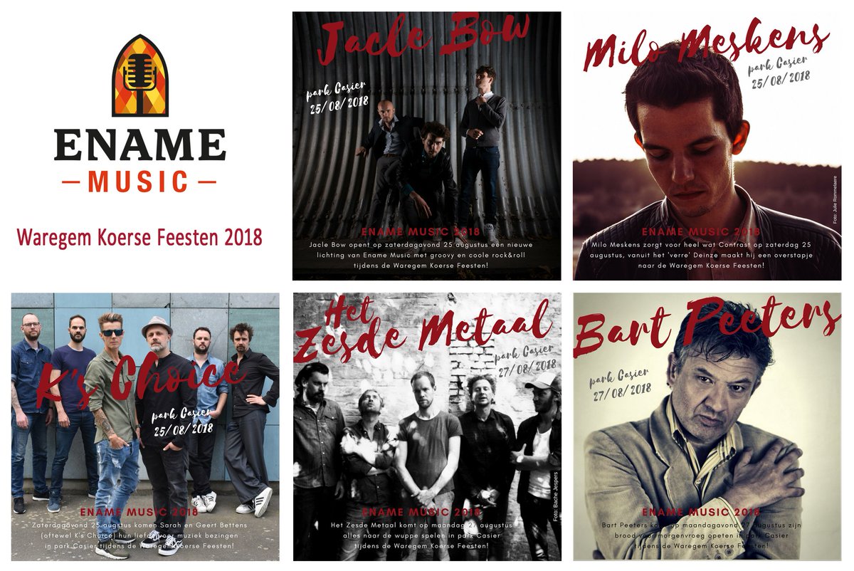 Stad Waregem (@stad_waregem) on Twitter photo Programma van #EnameMusic voor Waregem Koerse Feesten is al helemaal bekend! <a href="/JACLE_BOW/">Jacle Bow</a>, <a href="/KsChoiceMusic/">K's Choice</a>, <a href="/MiloMeskens/">Milo Meskens</a>, <a href="/HetZesdeMetaal/">Het Zesde Metaal</a> en Bart Peeters zijn weer een garantie voor een bomvol Park Casier eind augustus. #WKF18 Programma van #EnameMusic voor Waregem Koerse Feesten is al helemaal bekend! <a href="/JACLE_BOW/">Jacle Bow</a>, <a href="/KsChoiceMusic/">K's Choice</a>, <a href="/MiloMeskens/">Milo Meskens</a>, <a href="/HetZesdeMetaal/">Het Zesde Metaal</a> en Bart Peeters zijn weer een garantie voor een bomvol Park Casier eind augustus. #WKF18