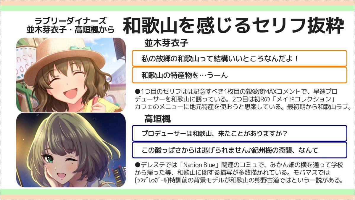 ごすけ 中間発表前でそわそわしてるプロデューサーもいるかと思いますが ここで和歌山出身の高垣楓 並木芽衣子のユニット ラブリーダイナーズ のダイマを置いておきますね 商品化総選挙の投票も何卒よろしくお願いします 地域別ご当地 ごすけ 中間発表前でそわそわしてるプロデューサーもいるかと思いますが ここで和歌山出身の高垣楓 並木芽衣子のユニット ラブリーダイナーズ のダイマを置いておきますね 商品化総選挙の投票も何卒よろしくお願いします 地域別ご当地