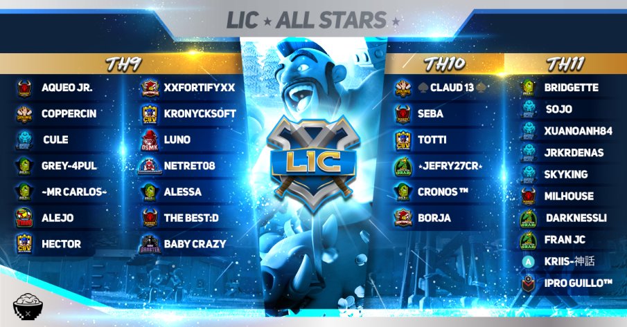 🏆LIGA INTERCONTINENTAL DE CLANES🏆

⚔️LIC ALL STARS 🆚 <a href="/BKBCOC/">BAD KILLER BOYS</a>⚔️
📆Martes 24 sobre las 19:00 (hora española)📆

Podrás seguirlo en directo en el canal de YouTube de <a href="/ZolokOficial/">Código: ZOLOKO</a> y <a href="/lesmavr/">LesmaVr</a> 

A continuación, les presentamos los jugadores seleccionados por parte de la LIC AS:
