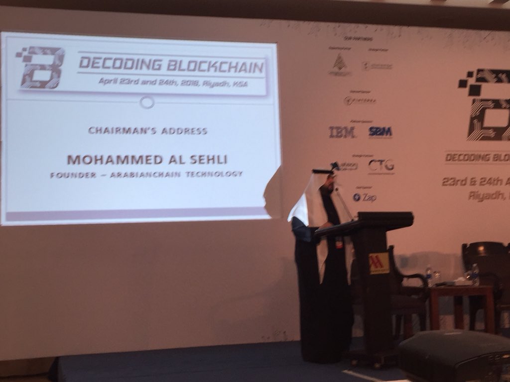 matt_vn's tweet photo. #DecodingBlockchainKSA18 kicking off with event chairman @elsehli of @arabianchain. Evolution of money, the history of payments, value transfer of the future is blockchain based. https://t.co/EBBnoT9nuf