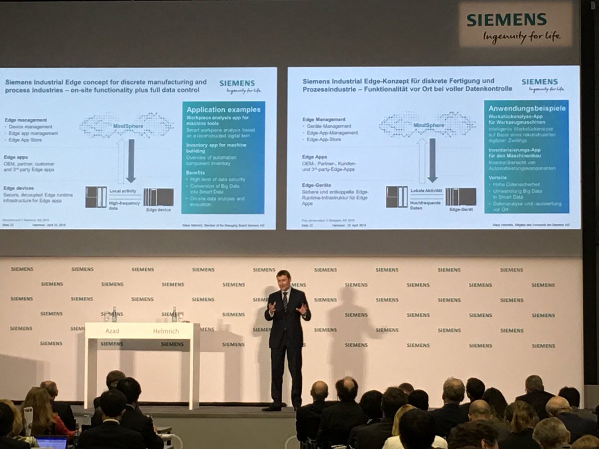 Siemens press conference at Hanover Fair: Board member Klaus Helmrich explains how #IndustrialEdge from Siemens adds benefits from the cloud at the field level. siemens.com/press/PR201804…. Also at our website siemens.com/industrial-edge @ridgeback2209 @J_S_K Julia @ralph_ohr @WSWMUC