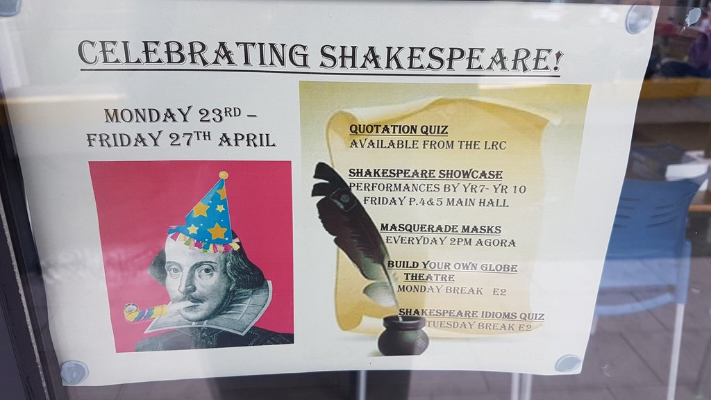 BSGCEngDept's tweet photo. Happy birthday Shakespeare! The English department have a range of activities going on this for students to join in the celebrations. #ShakespearesBirthday https://t.co/itgjkMEWeB