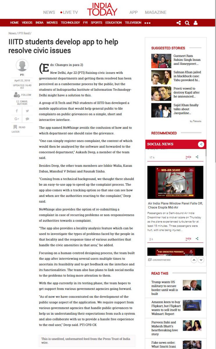 ponguru's tweet photo. Project Zero, NoWhinge, and TechTinder gets media attention! @dna @IndianExpress @IndiaToday The Statesman, Indian Express, Zeebiz, Tribune India, Outlook India, and others covered. Congrats to students! More pics: https://t.co/vjzjUWzE6R #CSE501 #ProfGiri https://t.co/D8FgH6YfFM