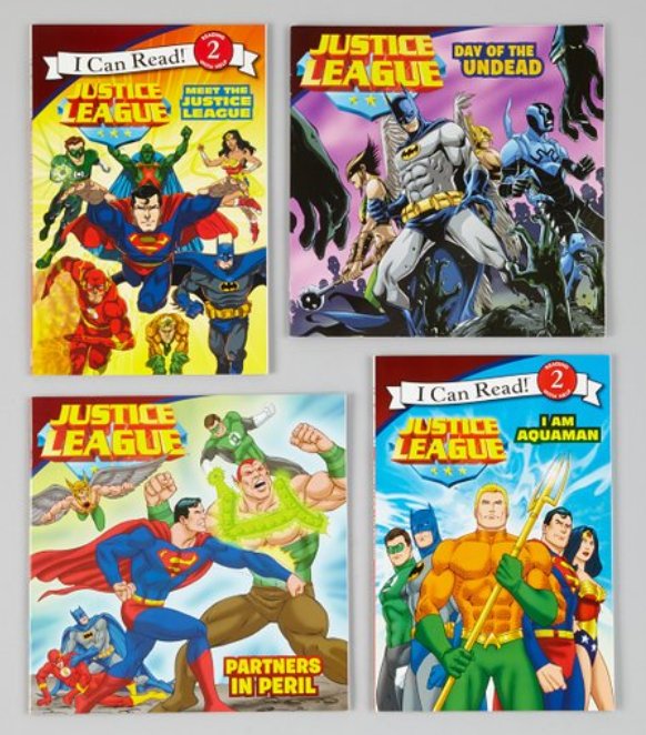 Justice League Paperback - Set of Four, Recommended for ages 4-8years.  pinterest.com/rosacolarte/  #practicereading  #educational  #entertaining  #fun