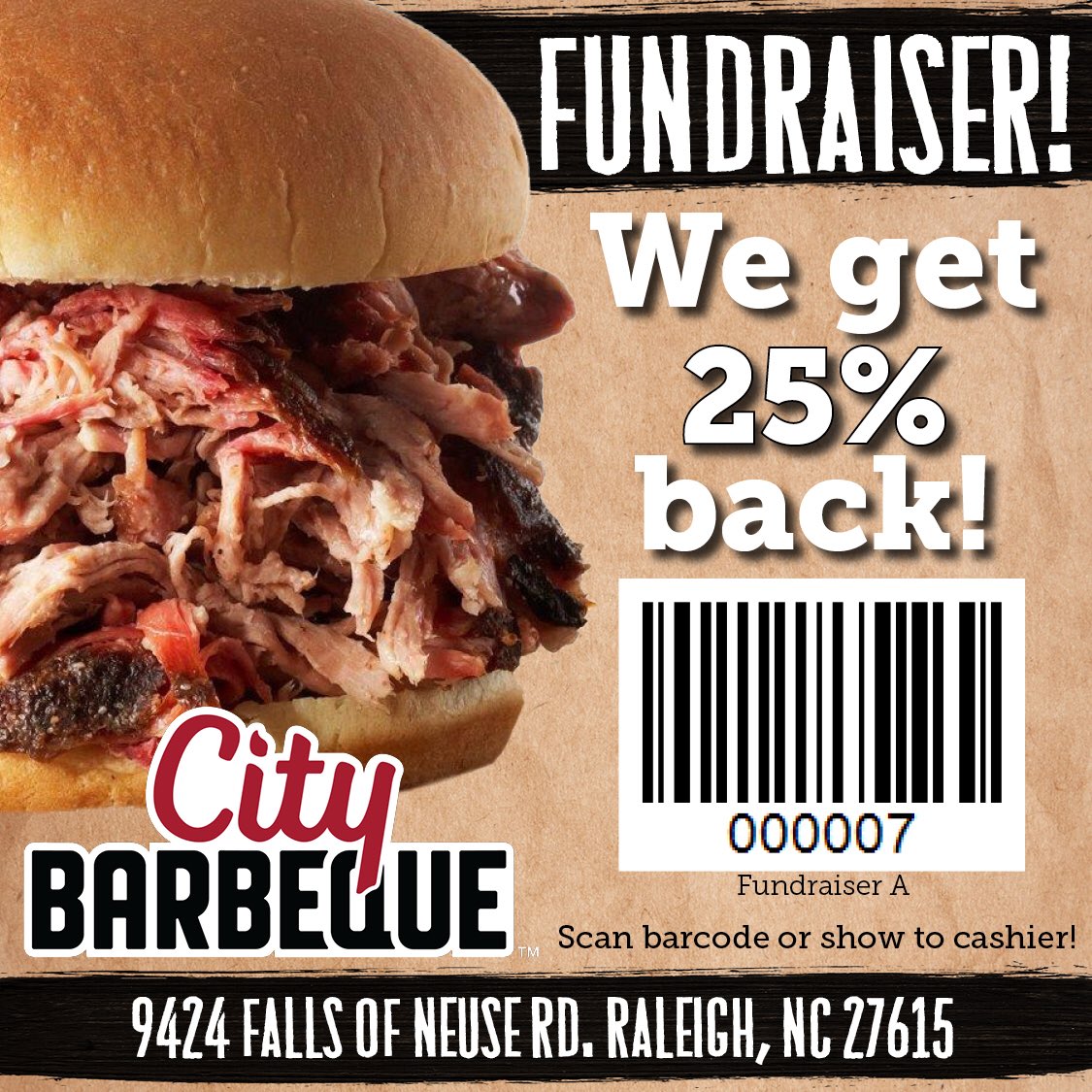 Tuesday, May 1st
With this flyer= 25% of the proceeds!! City Barbeque- Falls of the Neuse
9424 Falls of the Neuse
Raleigh, NC 27615

Spread the word!!