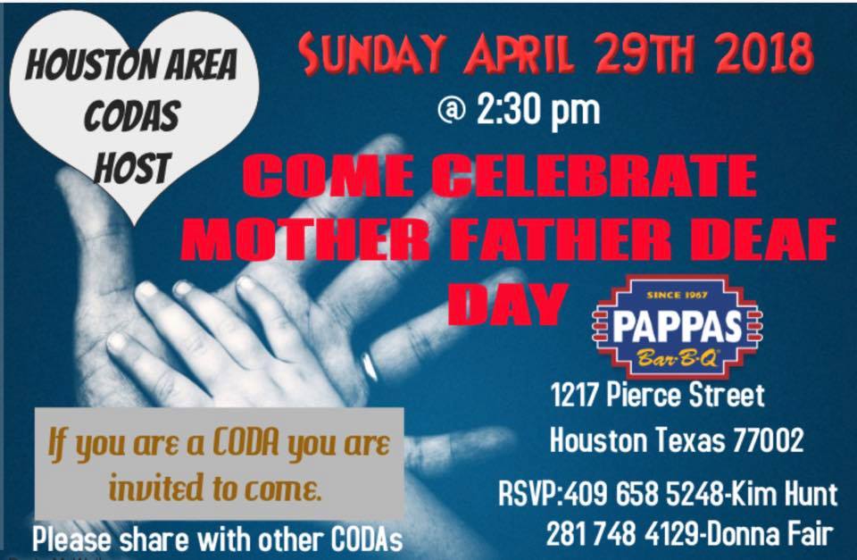 KODAheart's tweet photo. If you’re in Houston, TX, join the celebrations for Mother Father Deaf Day! Codas are gathering at a local spot to share the love! #deafparents #bimodal #multilingual #twoworlds #koda #coda #deafworld #codalove #kidsofdeafadults #shareyourstory https://t.co/XV7vc25GC7