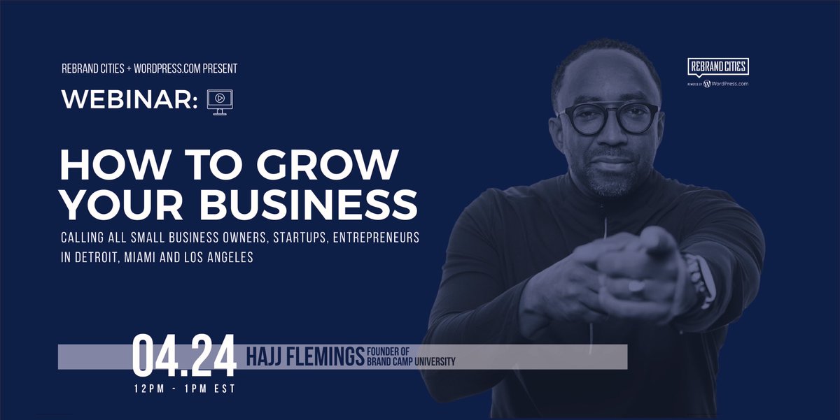 #RebrandCities FREE Webinar: Hosted by <a href="/HajjFlemings/">Hajj Flemings | HajjFlemings.eth</a> ‘How to Grow Your Business’ webinar tomorrow at 12pm EST.  Signup today to reserve your spot: rebrand.is/growbizwebinar