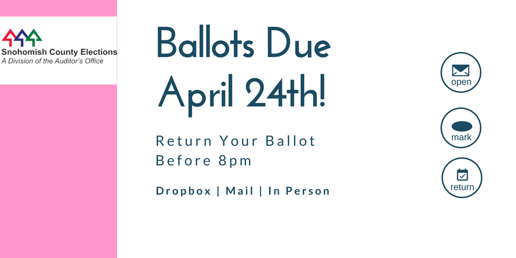 snocounty's tweet image. Ballots are due tomorrow, Tuesday,April 24! Mail or return to your nearest drop box - snohomishcountywa.gov/3974/New-Ballo… #SnoCoVotes